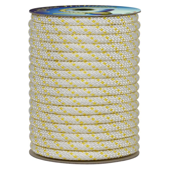Doppia treccia scotta poliestere alta tenacità, bianca con spia gialla, 18 mm - 50 mt